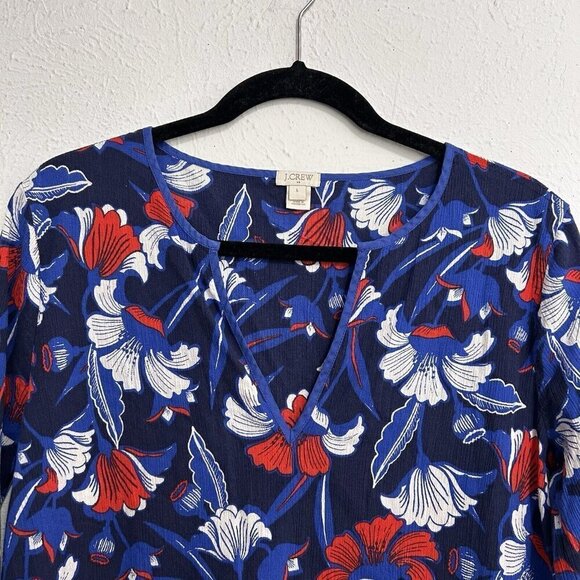 J. Crew Women's Navy Blue Red Floral 3/4 Sleeve Beach Tunic Coverup Size L Vacay - Picture 2 of 10